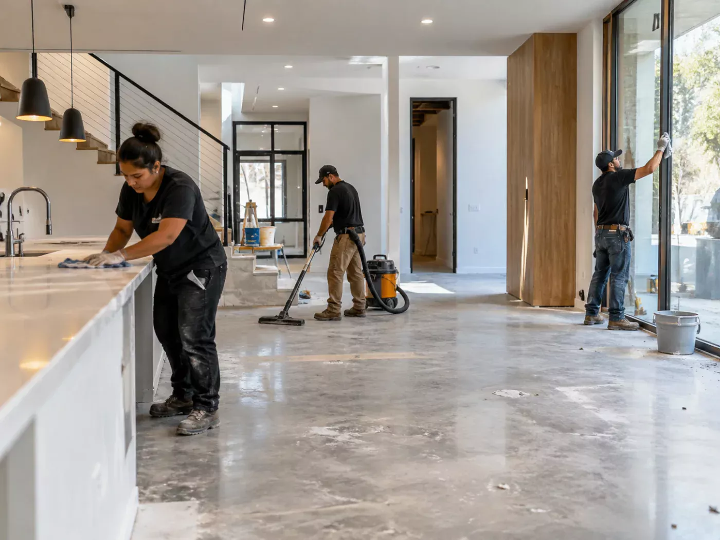 CassE Services crew wiping counters, vacuuming and cleaning windows in a newly built home