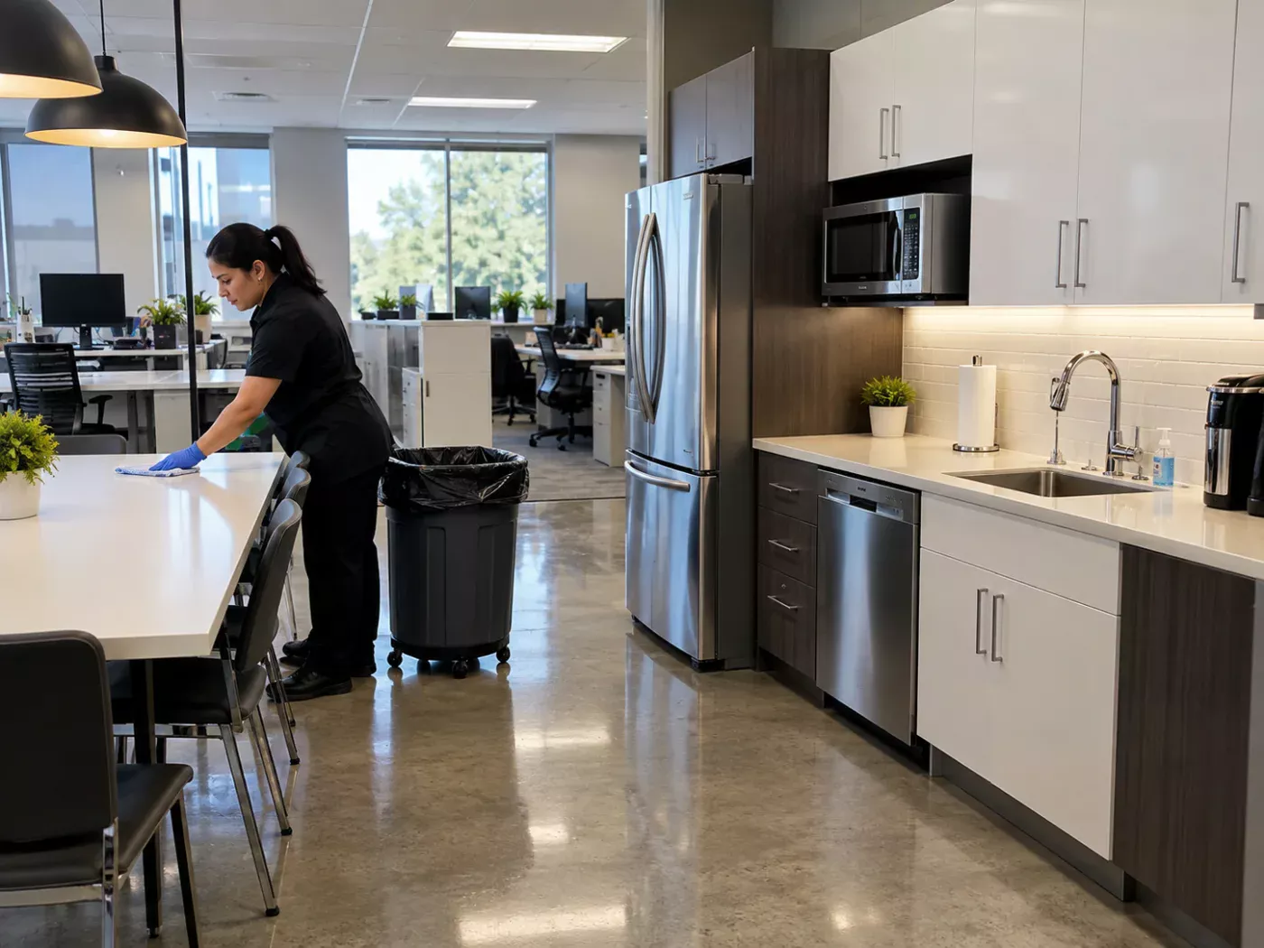 CassE Services crew member wiping tables in an office breakroom